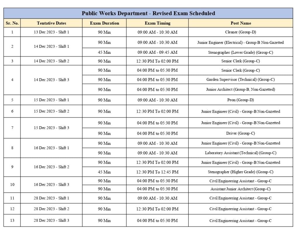 PWD timetable
